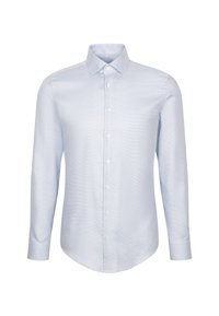 Camicia button-up blu chiaro con motivo a griglia. Maniche lunghe e colletto a punta. Realizzata in un tessuto liscio. Orlo arrotondato.
