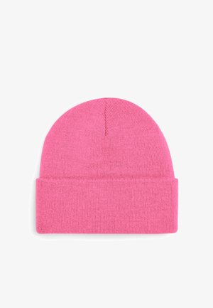 Pink knitted beanie with a rolled cuff and smooth texture, featuring a rounded top and fine ribbed pattern throughout.