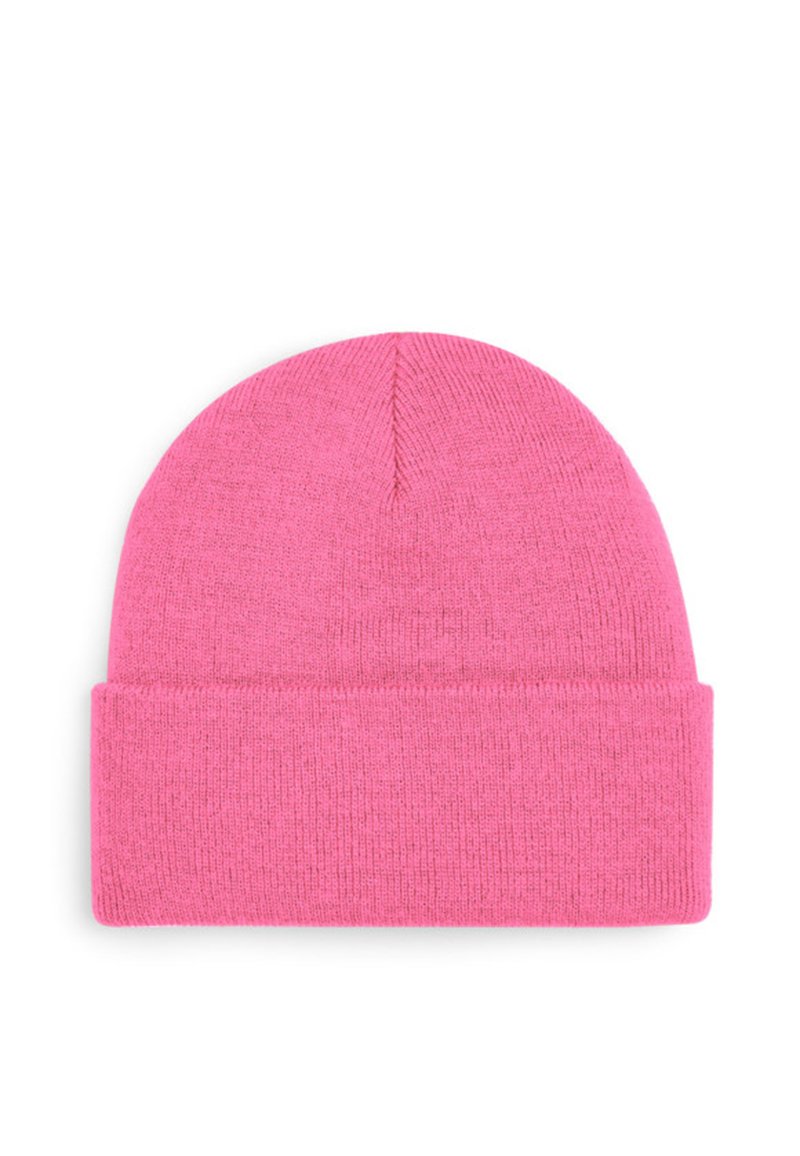 Pink knitted beanie with a rolled cuff and smooth texture, featuring a rounded top and fine ribbed pattern throughout.