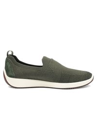 Slip-On-Sneaker aus olivgrünem Strickstoff mit weißer Sohle und Zuglasche an der Rückseite, entworfen für den täglichen Freizeitgebrauch.