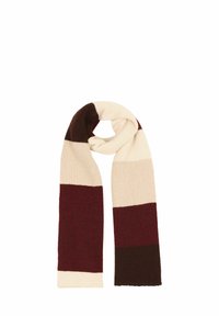 Knitted scarf featuring alternating stripes in cream, burgundy, and dark brown. Soft texture with a rectangular shape and even length.