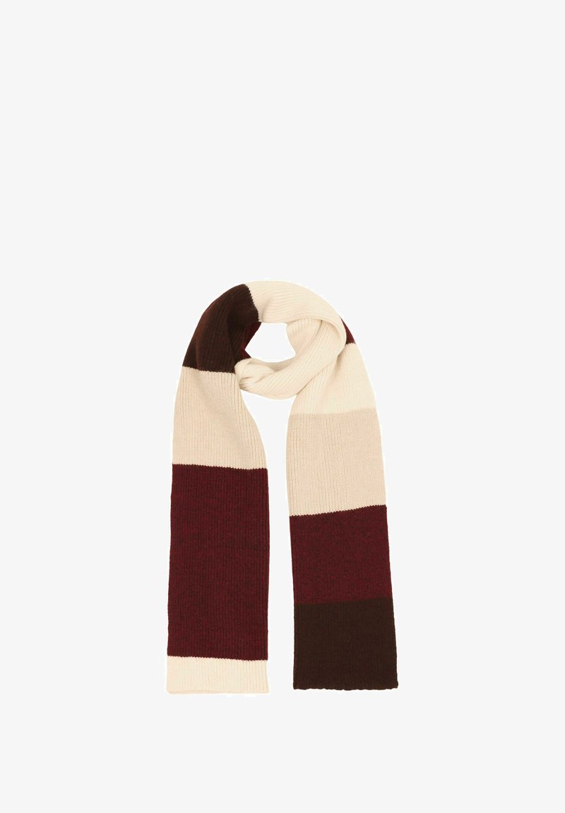Knitted scarf featuring alternating stripes in cream, burgundy, and dark brown. Soft texture with a rectangular shape and even length.