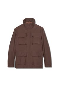 Giacca da esterno marrone con colletto alto, due tasche sul petto e due tasche inferiori. Realizzata in un tessuto liscio e resistente all'acqua.