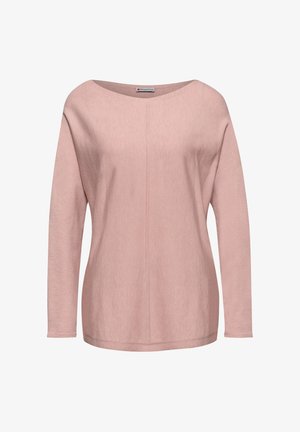 Vaaleanpunainen pitkähihainen neulepaita, jossa on avara pääntie, valmistettu pehmeästä neuloksesta ja jossa on rento istuvuus sekä saumaton rakenne.