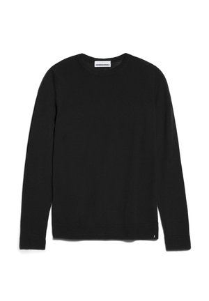 Zwarte langemouwen trui van zacht materiaal. Ronde halslijn, geribbelde manchetten en zoom, met een klein logo-accent linksonder.