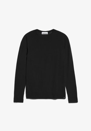Zwarte langemouwen trui van zacht materiaal. Ronde halslijn, geribbelde manchetten en zoom, met een klein logo-accent linksonder.