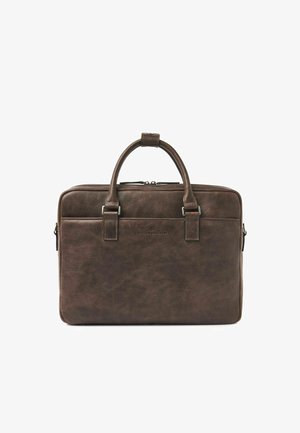 Brown leather briefcase with dual handles, front zip pocket, and subtle embossed brand logo, isolated on white background.