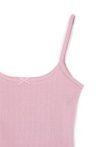 Camisole a coste rosa chiaro con spalline sottili e un delicato dettaglio incrociato sul colletto, realizzata in morbido tessuto elasticizzato.