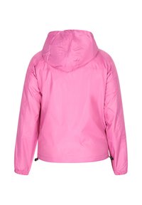 Roze capuchonjack gemaakt van lichtgewicht, glad materiaal. Voorzien van elastische manchetten en een verstelbare zoom, met een eenvoudig, naadloos ontwerp.
