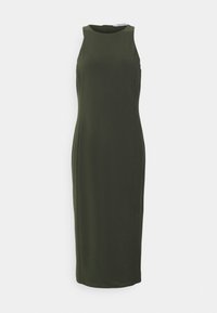Bezramenné tmavozelené midi šaty s vysokým výstrihom a přiléhavým střihem, zapínání na zip vzadu.
