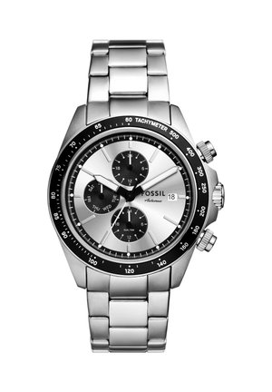 Edelstahl Fossil Armbanduhr mit silbernem Zifferblatt, drei schwarzen Hilfszifferblättern, Datumsanzeige, Tachymeter-Lünette und Glieder-Metallarmband.