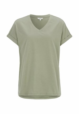 Hellgrünes T-Shirt mit kurzen Ärmeln und V-Ausschnitt, mit umgeschlagenen Ärmeln und leicht abgerundetem Saum, dargestellt auf weißem Hintergrund.