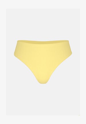 Bas de bikini taille haute jaune avec un design lisse et sans coutures, sur un fond clair uni.