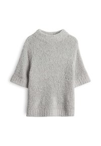 Maglione grigio chiaro con una superficie testurizzata e pelosa. Presenta maniche corte e un colletto alto con una vestibilità ampia. Realizzato in un materiale morbido.