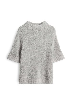 Lichtgrijs sweater met een gestructureerd, fuzzy oppervlak. Heeft korte mouwen en een hoge kraag met een losse pasvorm. Gemaakt van een zacht materiaal.