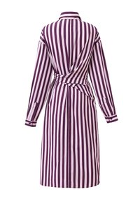 Langärmliges knielanges Kleid mit vertikalen lila und pinken Streifen sowie einem verdrehten Knoten-Detail am hinteren Bund.