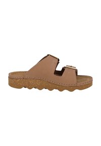Brown leather slide sandal with two wide straps, gold-tone buckles, and a textured cork sole featuring a wavy design.