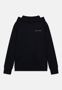 Felpa nera con tasca a marsupio, polsini a coste e cappuccio regolabile con coulisse. Presenta un piccolo logo bianco sul petto. Realizzata in tessuto morbido.