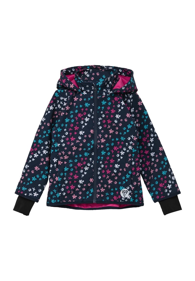 Veste marine avec des motifs floraux colorés en rose, bleu et blanc ; dotée d'une fermeture éclair, d'une capuche et de poignets noirs ; tissu lisse et léger.