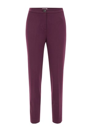Burgundské kalhoty na míru s hladkou texturou, zapínání na knoflík a boční kapsy. Slim fit s designem zúžených nohavic.
