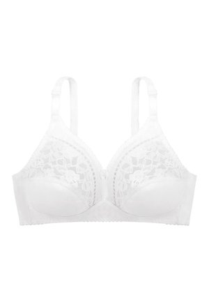 Soutien-gorge en dentelle blanche avec des bonnets souples, des bretelles ajustables et un sous-bandage lisse et texturé. Détails en dentelle florale sur le haut.