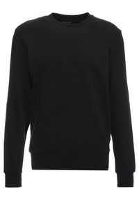 Sudadera negra de cuello redondo hecha de una mezcla de algodón. Presenta mangas largas, dobladillo y puños acanalados. Diseño sencillo y sólido sin patrones.
