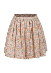Bloemenrok in pasteltinten met een geraffineerde taille, vloeiende vorm en een patroon van kleine bloemen tegen een lichte achtergrond.