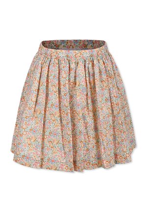 Gonna floreale dai colori pastello con vita arricciata, forma fluida e un motivo di piccoli fiori su uno sfondo chiaro.