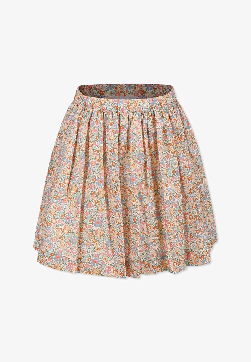 Gonna floreale dai colori pastello con vita arricciata, forma fluida e un motivo di piccoli fiori su uno sfondo chiaro.