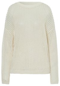 Pull en maille crème avec une coupe ample, col rond côtelé et manches longues ; présente un motif de tissage texturé sur l'ensemble.