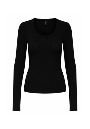 Haut noir à manches longues en rib avec un col rond, mettant en avant un détail de nœud à l'avant. Fabriqué en tissu extensible pour un ajustement serré.