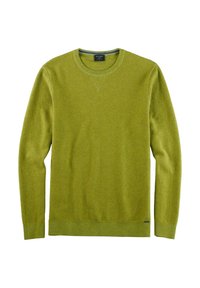 Grüner gerippter Pullover mit Rundhalsausschnitt, langen Ärmeln und subtiler Textur. Besitzt eine kontrastierende innere Halsverzierung und ein Logo-Detail am Saum.