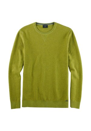 Grüner gerippter Pullover mit Rundhalsausschnitt, langen Ärmeln und subtiler Textur. Besitzt eine kontrastierende innere Halsverzierung und ein Logo-Detail am Saum.