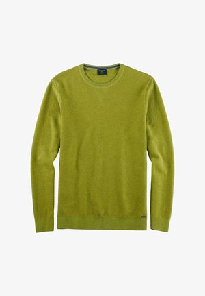 Grüner gerippter Pullover mit Rundhalsausschnitt, langen Ärmeln und subtiler Textur. Besitzt eine kontrastierende innere Halsverzierung und ein Logo-Detail am Saum.