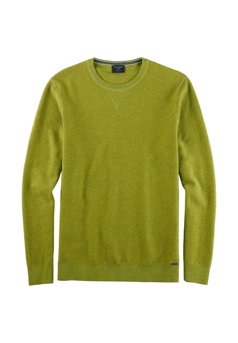Grüner gerippter Pullover mit Rundhalsausschnitt, langen Ärmeln und subtiler Textur. Besitzt eine kontrastierende innere Halsverzierung und ein Logo-Detail am Saum.