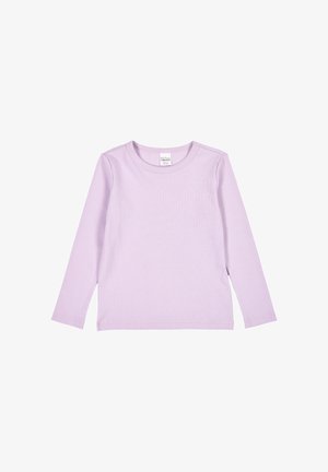 Dlouhý rukáv levandulový top vyrobený z ribbovaného materiálu, s kulatým výstřihem a rovnými okraji bez dalších vzorů nebo ozdob.