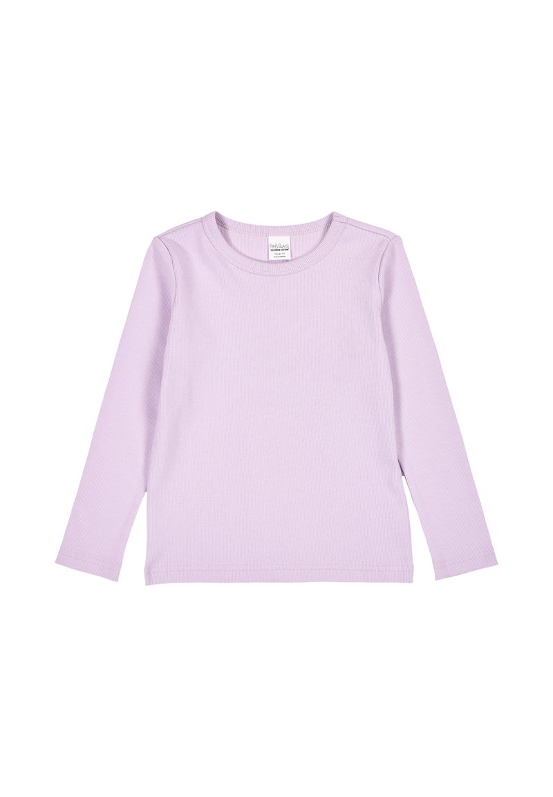 Top a maniche lunghe in lavanda realizzato in tessuto a costine, con scollatura rotonda e orlo dritto senza ulteriori motivi o decorazioni.
