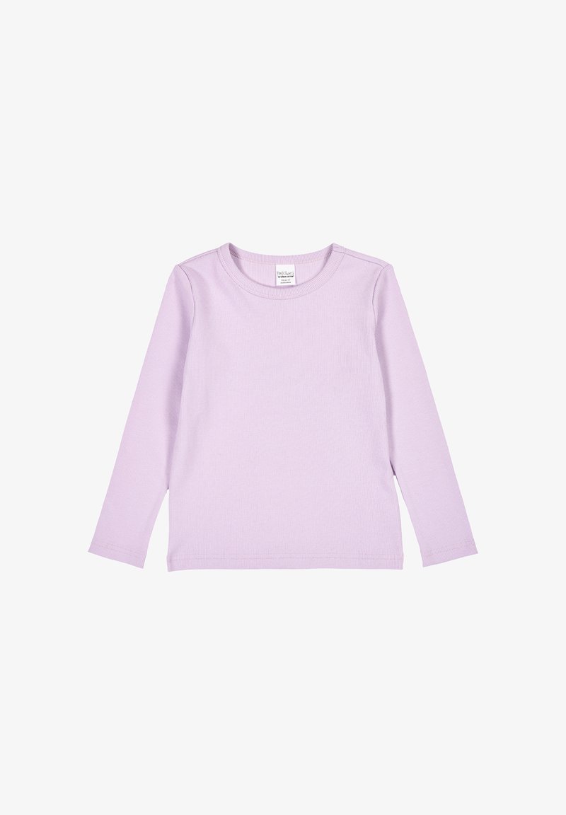 Langärmliges Lavendel-Oberteil aus Rippstoff, mit Rundhalsausschnitt und geradem Saum ohne zusätzliche Muster oder Verzierungen.