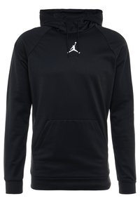 Felpa con cappuccio nera in tessuto morbido, con tasca a marsupio, cappuccio con coulisse e logo Jordan bianco sul petto. Design semplice.