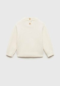 Cream-colored knit sweater with long sleeves, a round collar, and two wooden buttons at the back neckline. Soft texture and simple design.