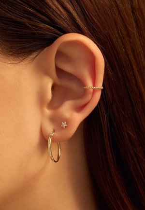 Gold hoop earring and a small star-shaped stud earring, set against medium brown hair, showcasing shiny surfaces and delicate design details.
