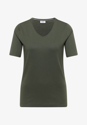 Oliivinvihreä, lyhythihainen V-kaula-aukkoinen naisten T-paita, jossa on "CECIL"-etiketti kauluksessa.