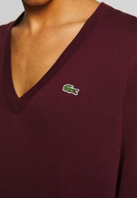 Vinröd V-ringad tröja i mjukt stickat tyg, med en liten grönvit broderad krokodillogo på vänster bröst.