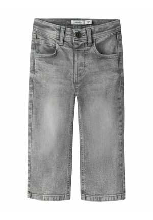 Jean en denim gris pour tout-petit avec fermeture à boutons, passants de ceinture, poches avant et zones décolorées sur les jambes.