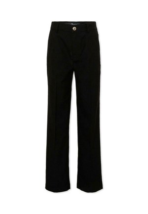 Pantaloni neri a gamba dritta con passanti per cintura, chiusura frontale con bottoni e vita liscia su sfondo bianco.