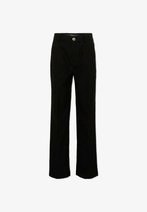 Zwarte rechte broek met riemlussen, knoopsluiting aan de voorkant en een gladde tailleband tegen een witte achtergrond.