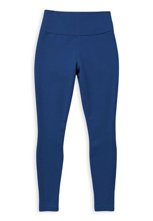 Marineblaue Leggings aus dehnbarem Stoff, mit breitem Bund und seitlichen Mesh-Akzenten, konzipiert für Komfort und Beweglichkeit.