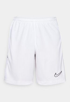 Witte sportshorts gemaakt van vochtregulerende stof, met een elastische tailleband en een zwart Nike-logo aan de linkerkant.