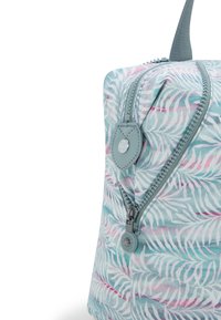 Light blue backpack with a leaf pattern in pink and white. Features gray zipper, textured accents, and a top carrying handle.