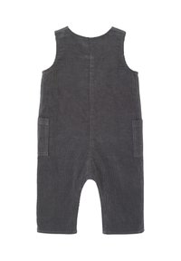 Gray corduroy overall with a sleeveless design, two front pockets, textured fabric, and cut-off legs. Features a straight neckline.